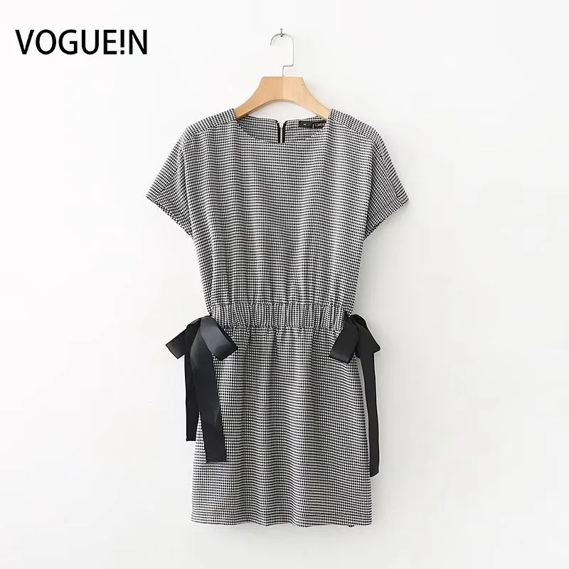 

VOGUEIN New Womens Causal Houndstooth Print Short Sleeve Round Neck Elastic Waist Bow Mini Dress Wholesale