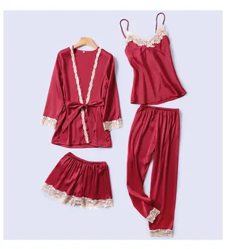 

NEW Womens 4PC Pajamas Sets Strap Top Pants Night Robe Sleepwear Suit Casual Sexy Nightwear Kimono Bath Gown M L XL