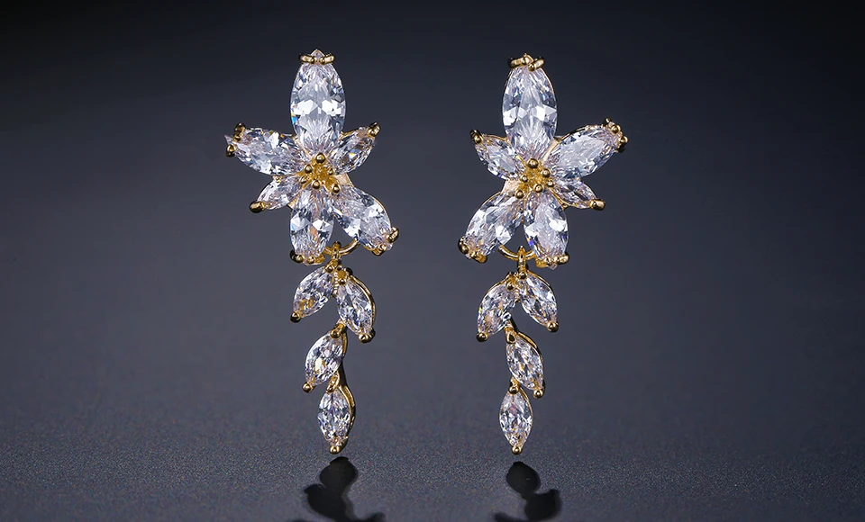 Длинные висячие серьги-капли с кристаллами циркония и цветком в форме маркизы в форме блестящего листа, свадебные ювелирные изделия для женщин, ZAKOL FSEP167