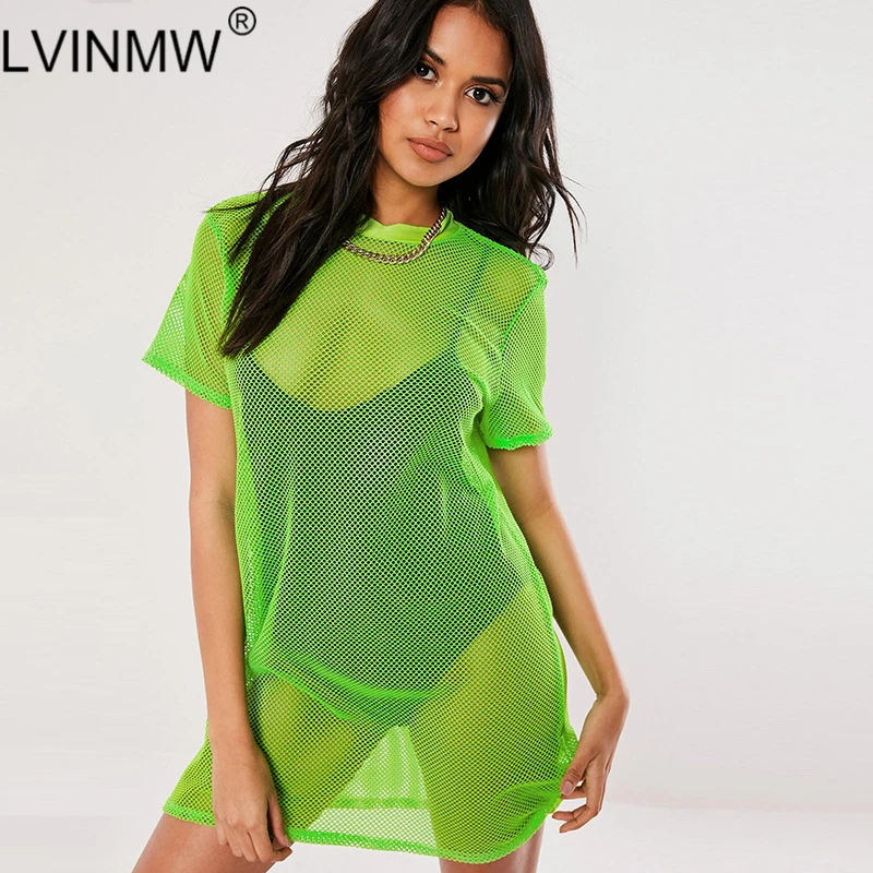 

LVINMW Sexy Solid O-Neck Mesh See Through Dress 2019 Summer Women Casual Loose Short Sleeve Dresses Female Streetwear 3 Color