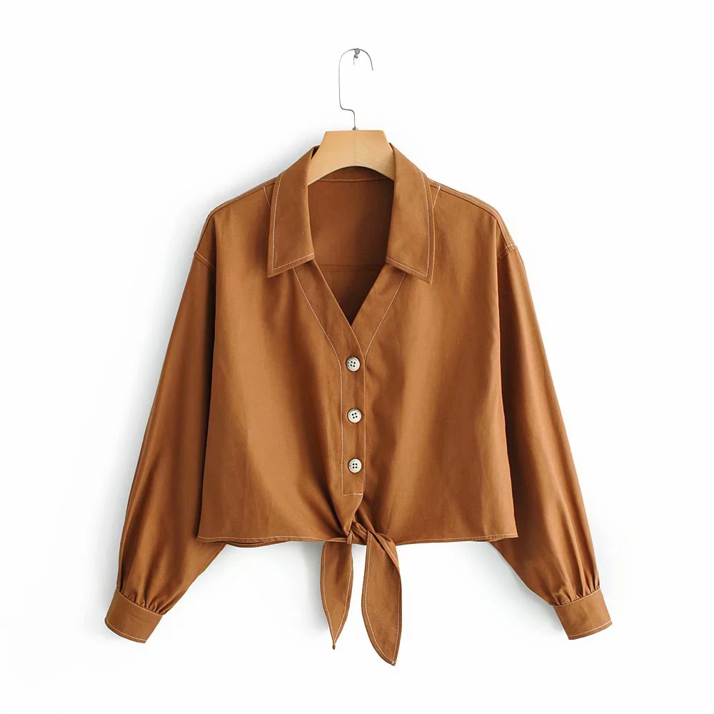  Za Women Brown Short Blouse 2019 Female Spring Single Breasted Long Sleeve Shirts Women-s Lace Up L
