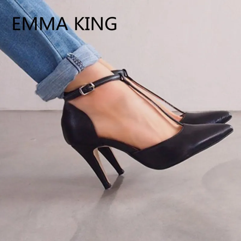 

2019 Runway New T-Strap High Heels Pointed Toe Ankle Strap Sexy Stiletto Ladies Spring Party Shoes Woman Leather Gladiator Pumps