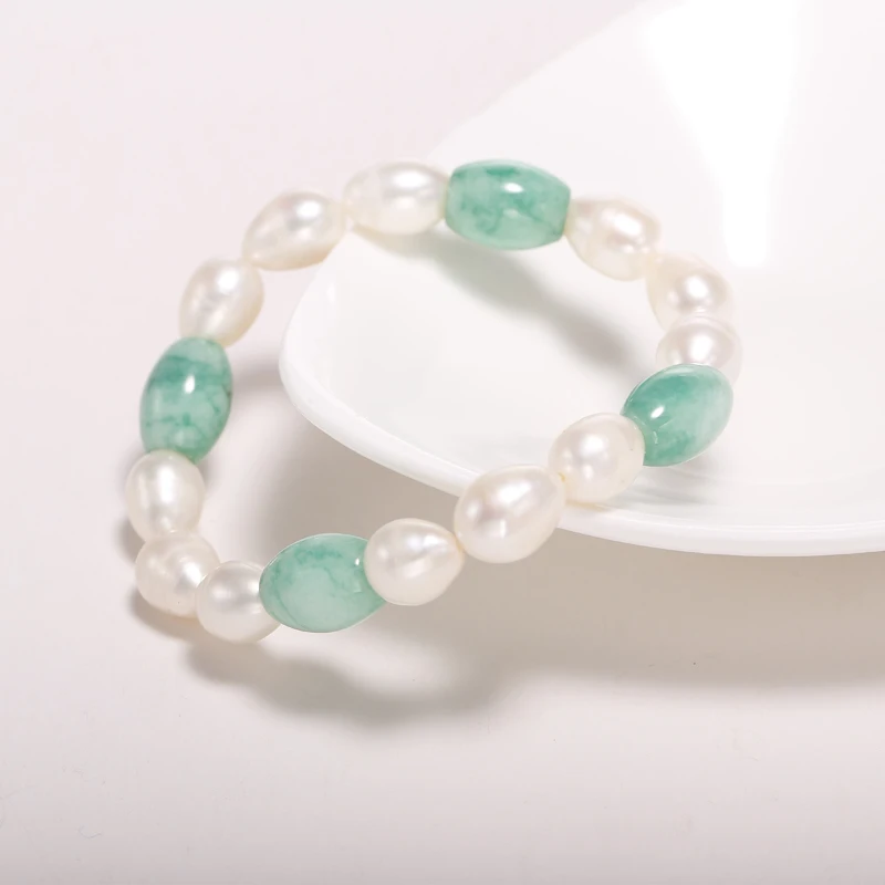 

Green Jade Bracelet Anniversary Gift 9-10mm Natural Pearl Bracelet Bijouterie Best Gift for Mom