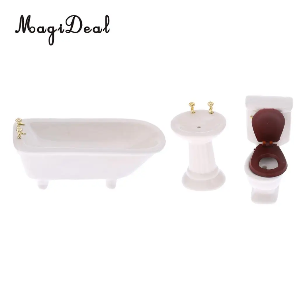 3Pcs/Set White Ceramic Bathroom Bathtub for 1/12 Scale Dollhouse Miniature Furniture Decor Kids Role Play Toys
