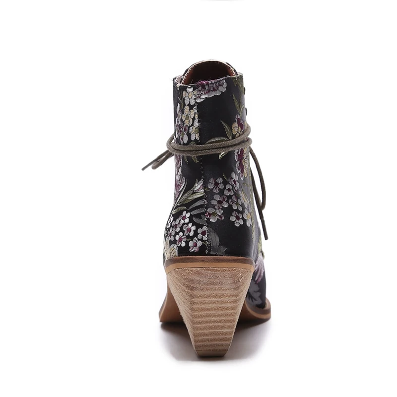 Details about   Floral Oriental Embroidery Lace Up Pointed Boots Thick High Heels 