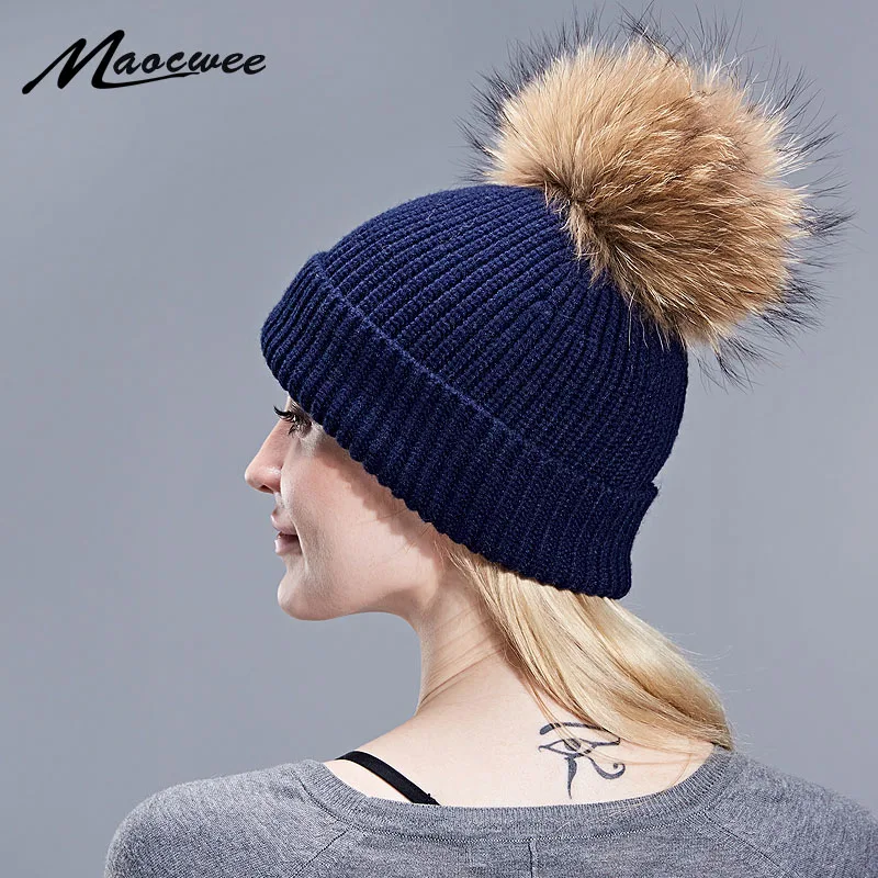 Съемный натуральный мех помпон шапка с помпоном для женщин Skullies Beanies теплые чулки шапка Осенняя шапка зимняя шапка женская