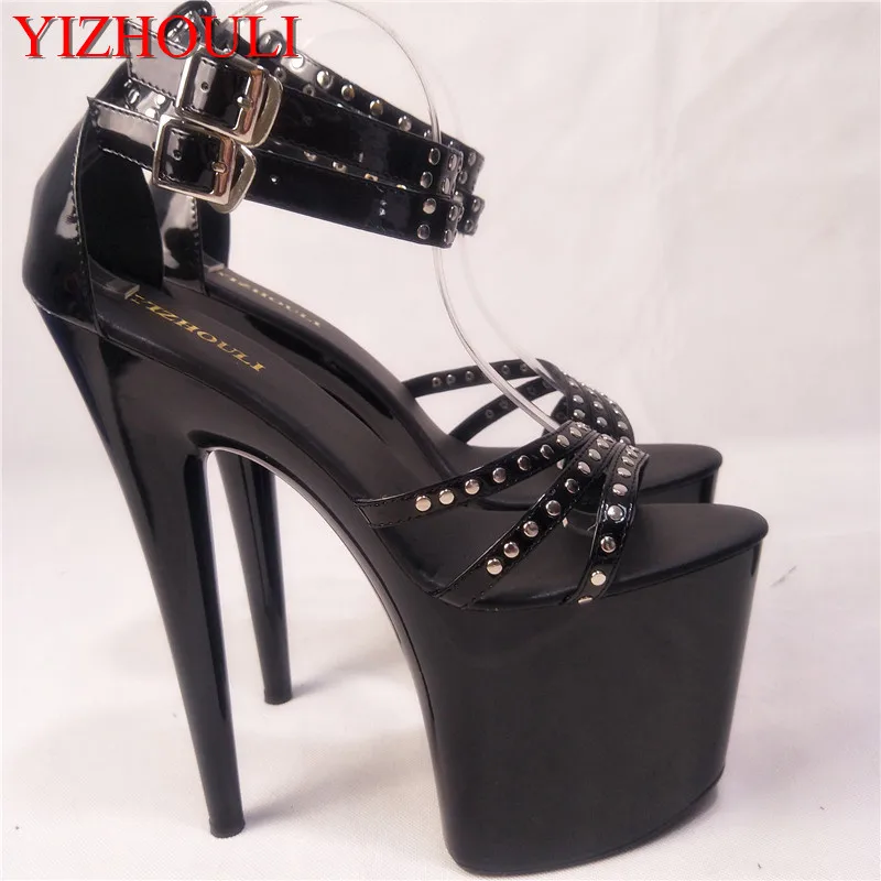 

Classic Black 20cm Open Toe Sandals Super High Heel Platform Pole Dance shoes Gorgeous punk 8 inch sexy rivet cover heel sandals