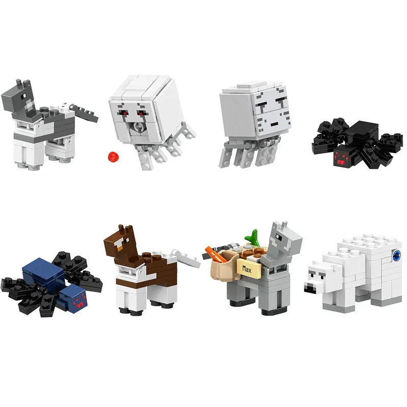 8pcs/set Mini Animal Series Compatible Legoinglys Minecrafted Animal Horses Ghast Spider Donkey Polar Bear Building Blocks Toys