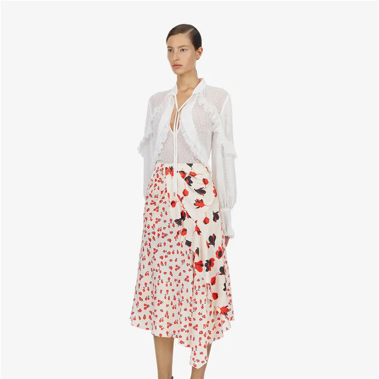 

2019 Asymmetric Splicing of The Same Broken Flower Half-skirt Knee-Length Print Trumpet / Mermaid Skirt Women