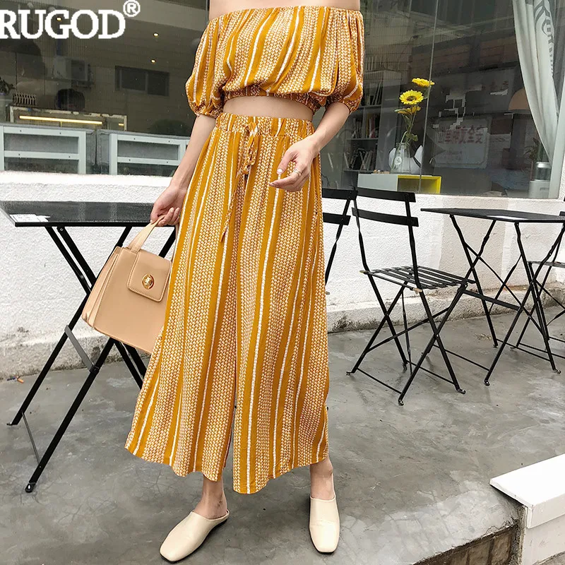 RUGOD 2018 Fashion Summer Boho Beach Pant Suits Women Casual Off