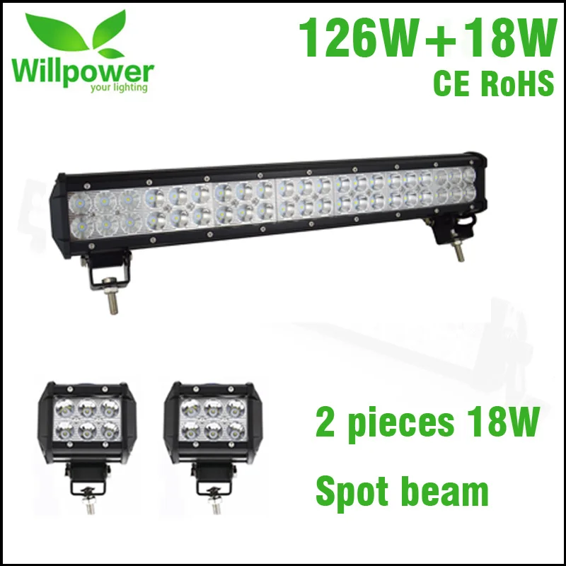 

Dual rows 126W 20 inch offroad led light bar 4x4 for JEEP with 2 pcs 4 inch 18w led work light spot beam led light beam