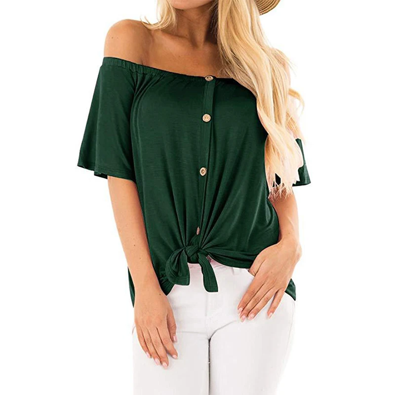 

One-shoulder short-sleeved lace-up shirts women Solid single-breasted cardigan loose stitching ladies Tees tops Casual vintage