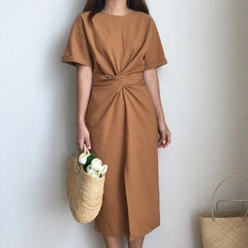 

Casual Loose Dress Elegant Women Short Sleeve O Neck Mid-calf Front Split Dresses Female Skinny Dress Vestidos