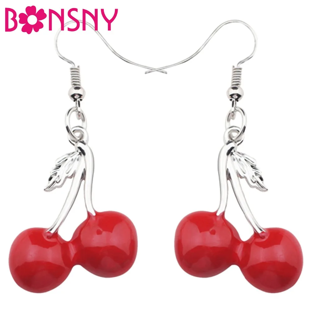 Bonsny Enamel Alloy Cute Cherry Earrings Dangle Drop Big Long Novelty