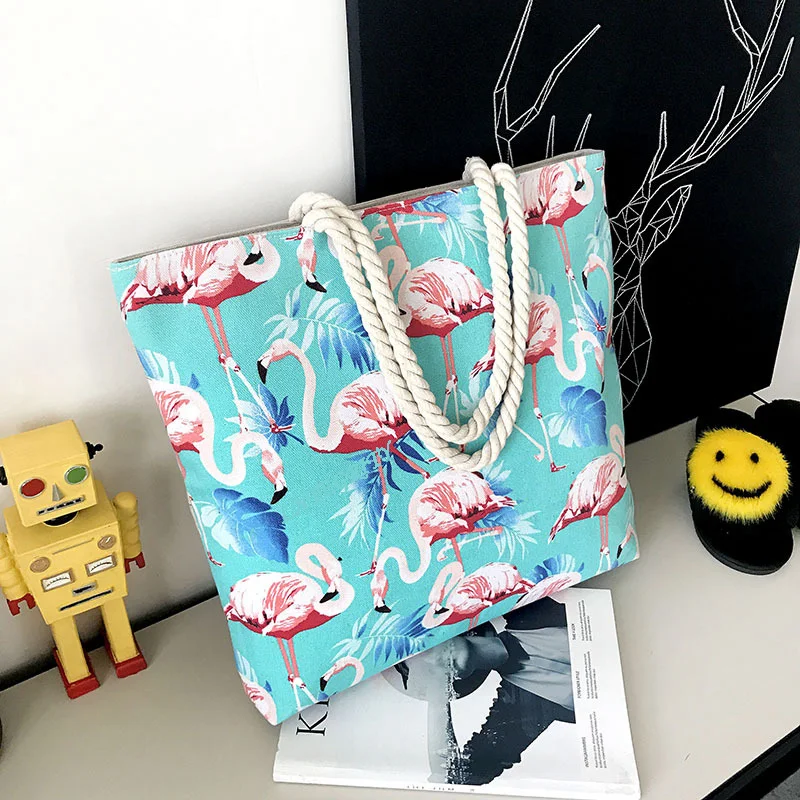 

Women Bag Canvas Flamingo Shoulder Bags Bohemian Style Shopping Handbags Animal Printing Bag Female Casual Tote Big Floral Beach