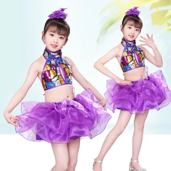 

Girls Jazz Costumes For Kids Children Purple Sequin Crop Tank And Tutu Dance Skirts Suit For Girls Size 4 6 8 10 12 14