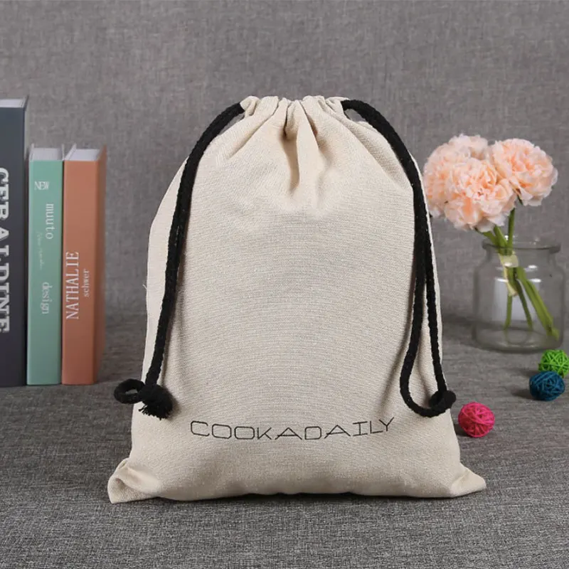 100pcs Print Logo Canvas Drawstring Bag Travel Drawstring Pouch Pure Cotton Cloth Bags Storage Bag for