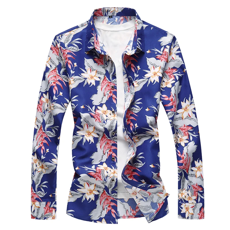 2018 Новое поступление Для мужчин рубашка Для мужчин с цветочным принтом рубашка Гавайи с длинным рукавом Мода Повседневное бренд рубашки