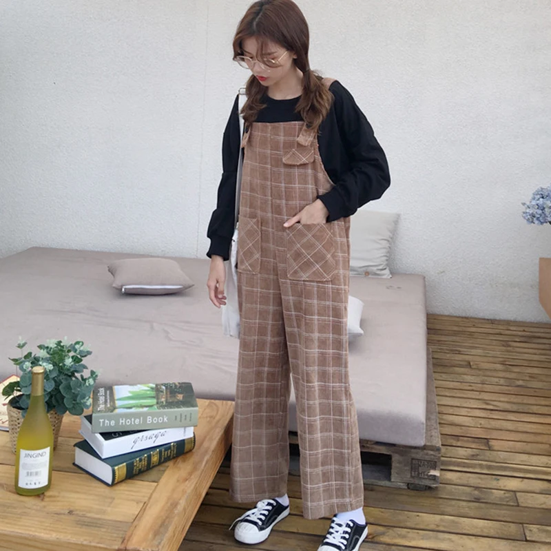 

New Fashion Women Loose Jumpsuits Female Trendy Thin Retro Plaid Corduroy Students Straight Rompers Womens Jumpsuit Females Chic
