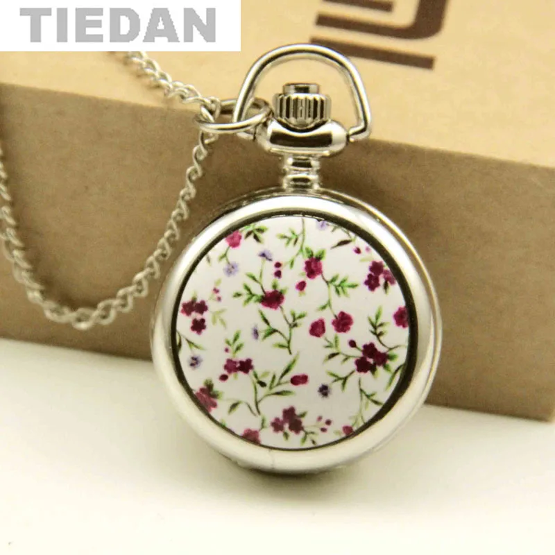 

TIEDAN Brand Enamel Flowers Pattern Vintage Retro Quartz Pocket Watch with Necklace Chain Pendant Women Quartz Watches Clock
