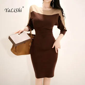 

Women Patchwork Pencil Dress 2018 Autumn Red Full Sleeve O-neck Knee-length Vintage Work Knitting Dress Office Lady Club Dresses