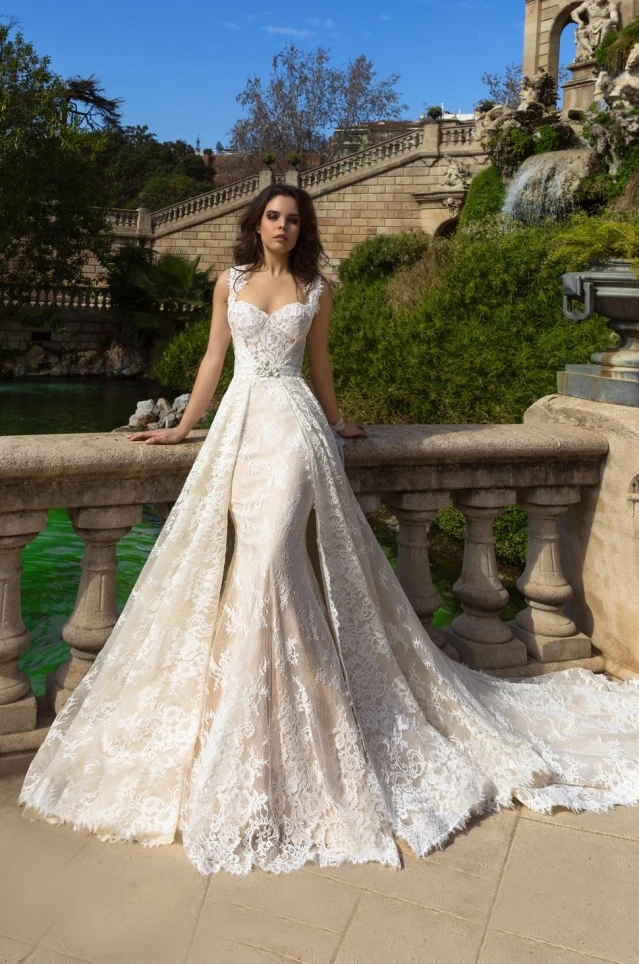 Robe de mariage, новинка, винтажное милое платье без рукавов, с вырезом, ТРАПЕЦИЕВИДНОЕ, с длинным шлейфом, кружевное, 2 в 1, свадебное платье со съемным шлейфом