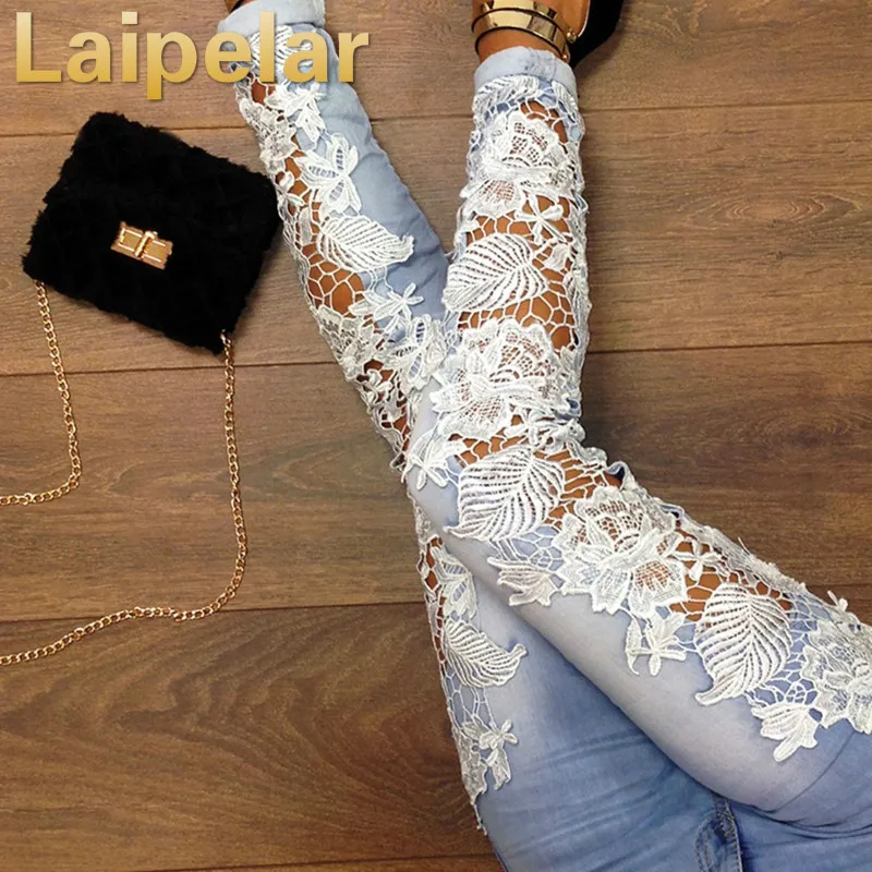 Laipelar Women Fashion Side Lace Jeans Hollow Out Skinny Denim Jeans Woman Pencil Pants Patchwork Trousers for Women Ropa Mujer