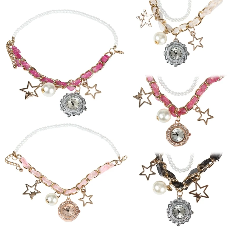 Beautiful Wrist Watch Bracelet Accessory With Pentagrams Pearl AS Pendants H3