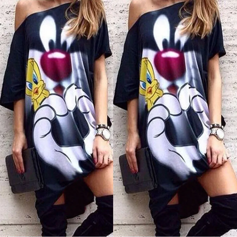 

Cartoon Women Casual One Shoulder Mini Dress Woman Short Sleeve Sundress 2019 Summer Dresses Lady Streetwear Vestidos S-XL