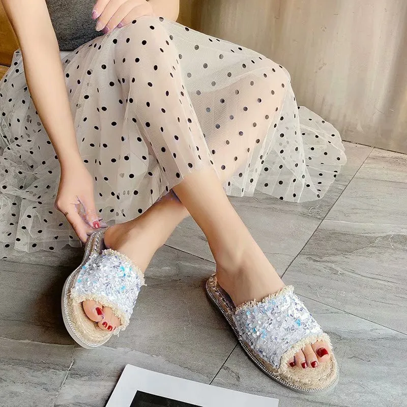 

Women's Hemp slippers Summer fashion Open Toe Sequined Bling Slippers Beach Flat Shoes Non-Slip Sandals large size Flip Flops