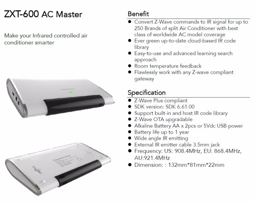 ЕС 868,42 МГц ZXT-600 Z волна AC мастер для управления кондиционером, Z-Wave OTA обновляемый