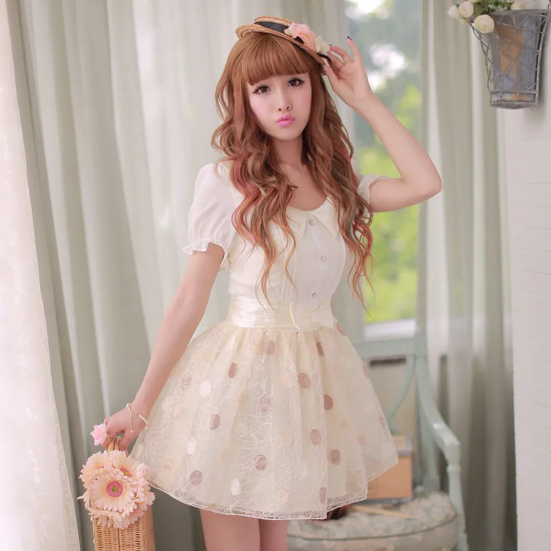 

Princess sweet lolita dress Candy rain new summer princess organza Wave point chiffon lace patchwork dress C16AB6028