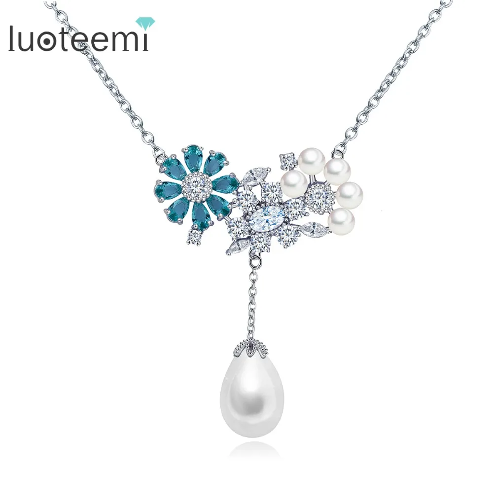 Luoteemi новые очаровательные украшения CZ цветок с Tear Drop жемчужный кулон Белое