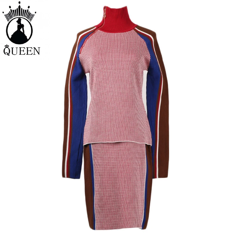 

2018 Fashion Elegant 2 Piece Knitting Color-block Zipper Sweater Package Hip Skirt Suit Set Bodycon Women Knitted Skirts Suits