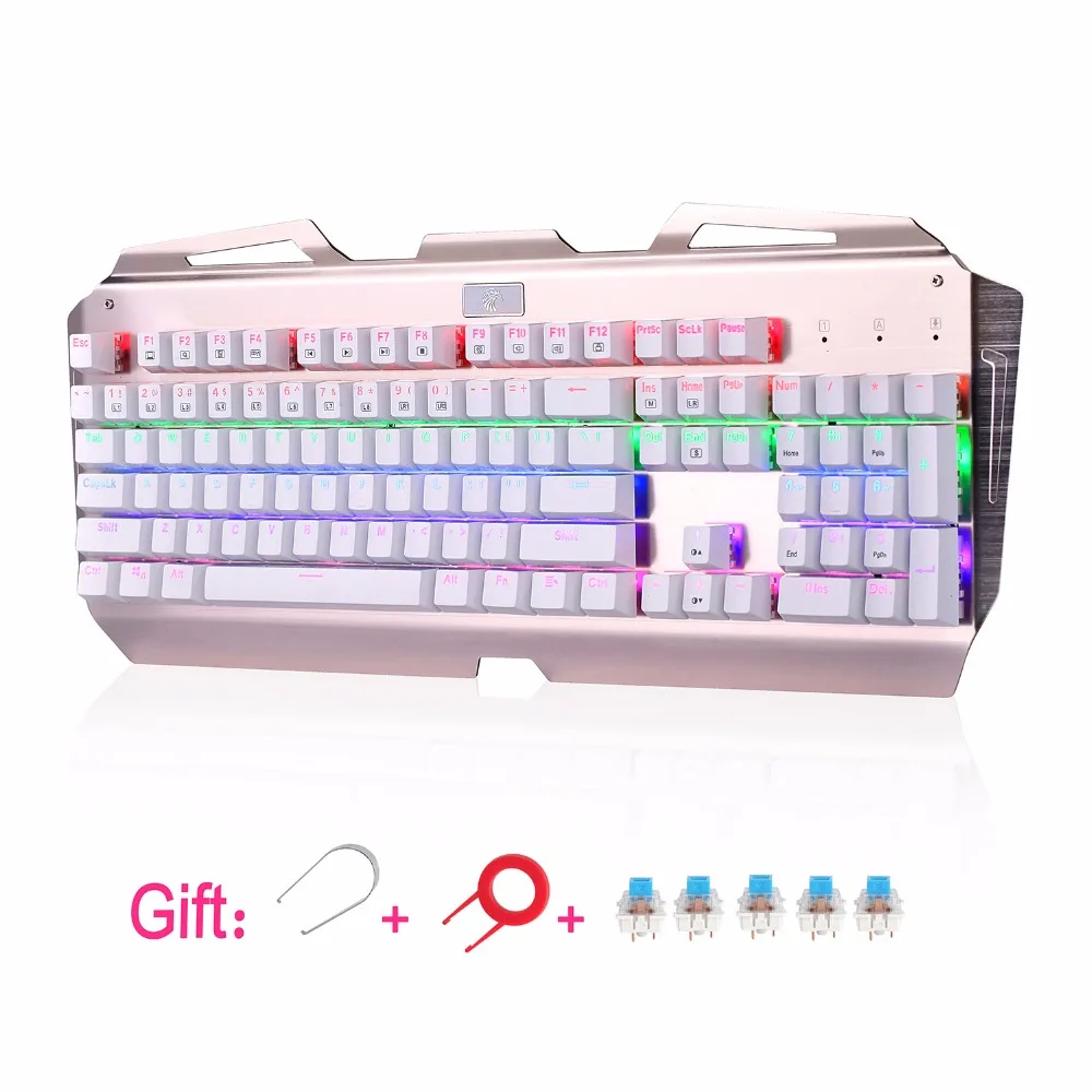 Mechanical Gaming Keyboard LED Backlit Aluminum Plate Clicky Switches 104 Keys Gamer Keyboard Anti-Ghosting ,White Gold X7000
