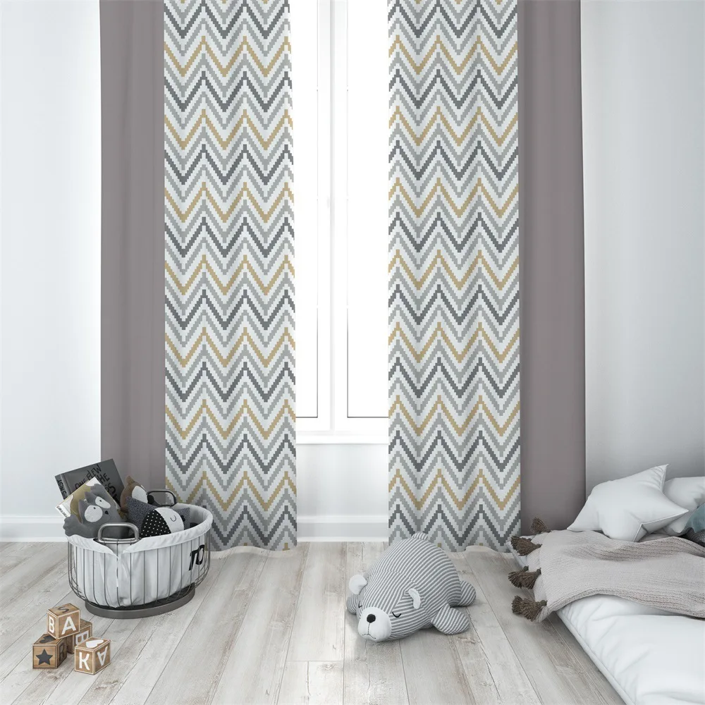 

Geometric yellow gray wave curtain High shading polyester living room window curtain custom made ring top girl bedroom curtain