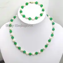 Модная белая перламутровая и зеленый камень 1" Цепочки и ожерелья и сочетать 7.5" браслет-1016