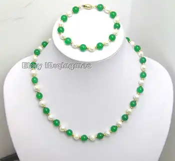

Fashionable White Pearl & Green stone 17" Necklace And match 7.5" Bracelet -1016