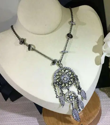 

Dream Catcher Feather Tassel necklace Hollow 925 Sterling Silver Cool black Zircon Women Feather Egypt Temple Wedding Jewelry