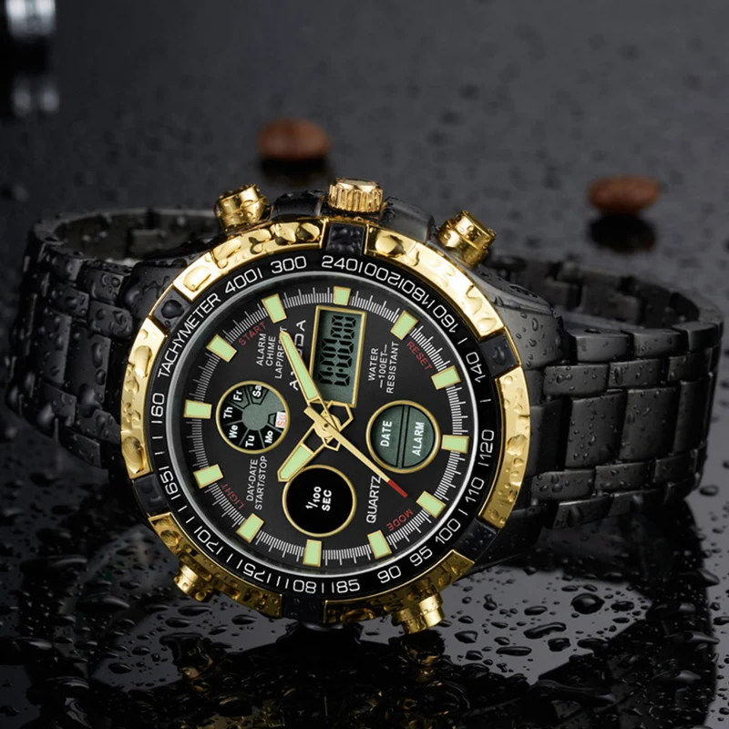

AMUDA Golden Quartz Wristwatches Men Creative Sports Watches Fashion Brand Waterproof Digital Dual Time Watch Relogio Masculino