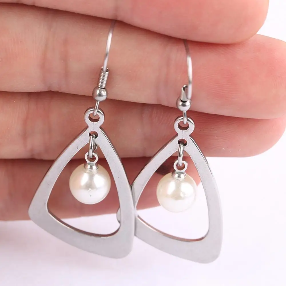

reidgaller 2019 summer Stainless steel dangling geometric triangle pearl earrings for women new fashion jewelry