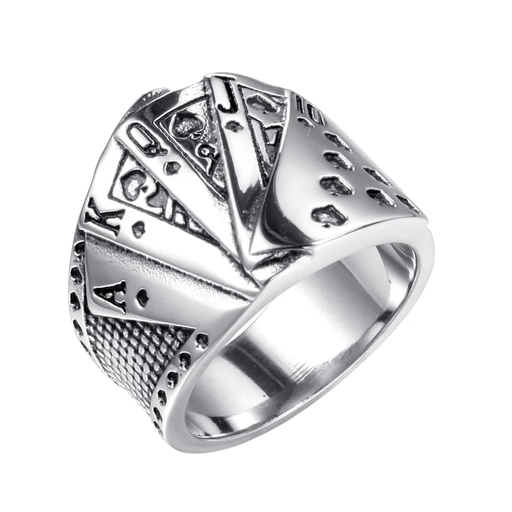 

316L Stainless Steel Straight Flush Poker Men Ring Hip Hop Good Lucky Talisman Biker Ring for Men Boy Fashion Jewelry Gift