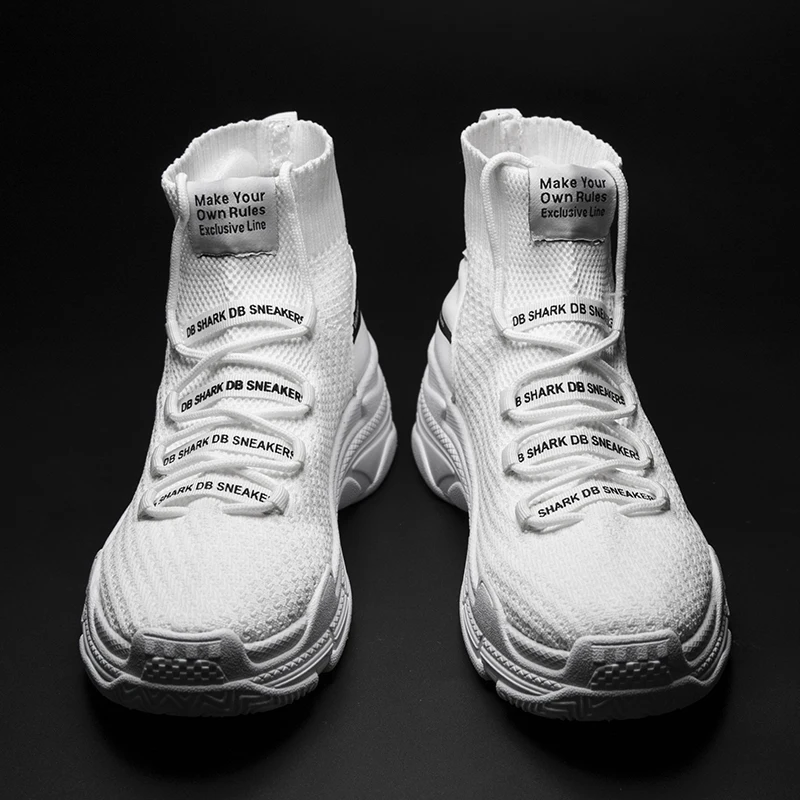 High Top Sneakers Men Unisex Knit Upper Breathable Shoes Fashion Shark Logo Couple Black / White Shoes Sock Shoes Thick Sole 5cm