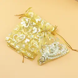 Бесплатная доставка 100 шт 7x9 см цвет золотистый для рисования маленький сердце органзы сумка Рождественский подарок мешочек для украшений
