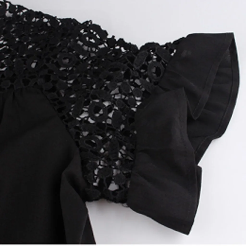 Свободное черное платье большого размера из страуса, летнее женское платье большого размера, сплошное ажурное кружевное летнее платье с коротким рукавом