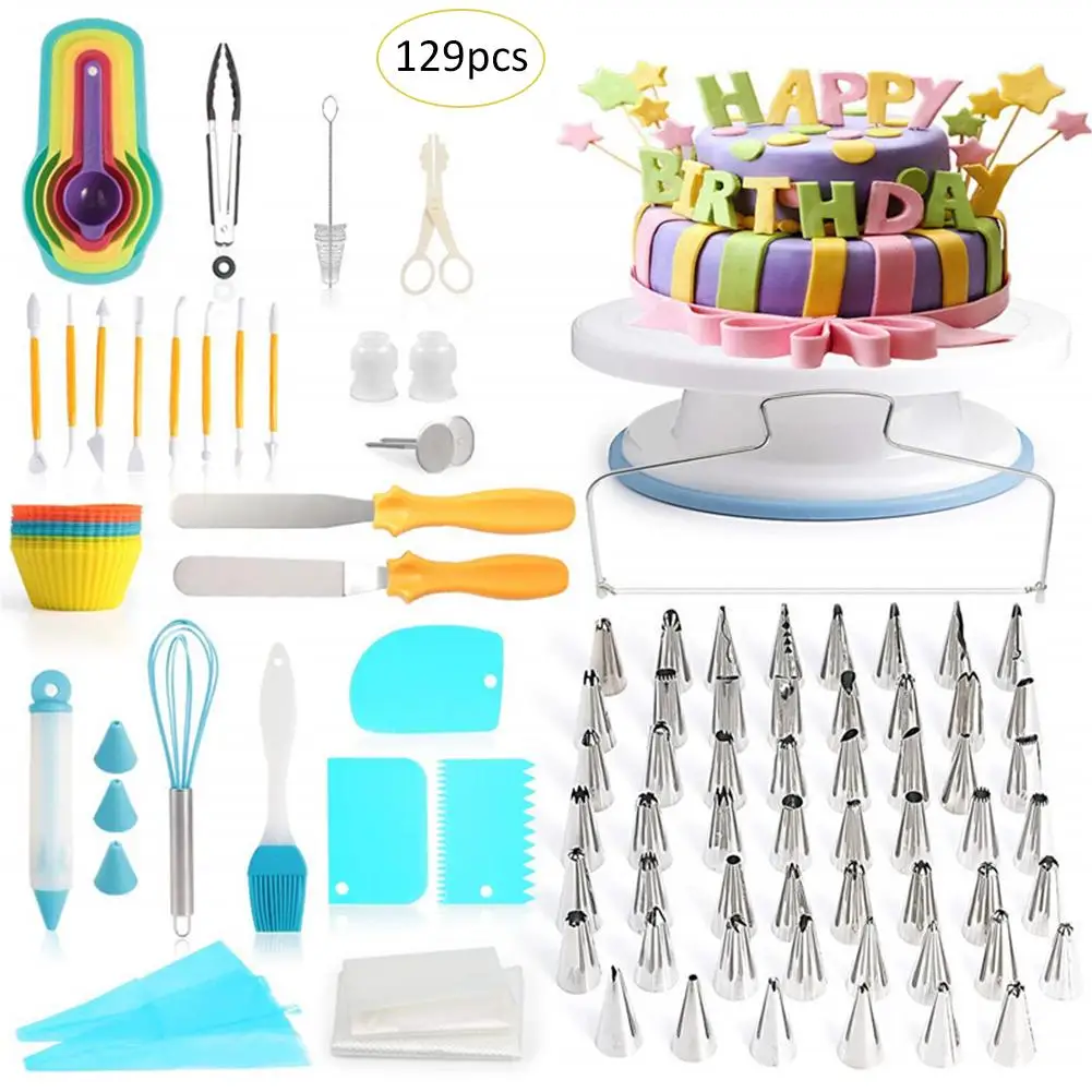 

129 Piece Cake Decorating Supplies Turntable Piping Tip Nozzle Pastry Bag Set DIY Cake Baking Tool