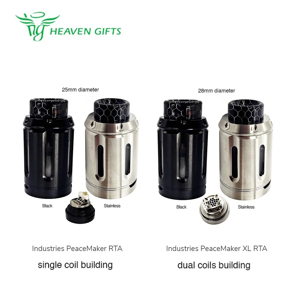 

Squid Industries PeaceMaker RTA 4ml & 25mm Diameter VS PeaceMaker XL RTA 5ml & 28mm Diameter Ecig Vape Tank fit Double Barrel V3