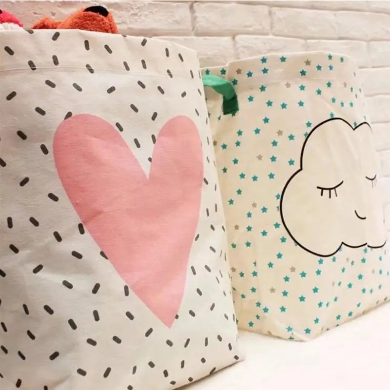 1 Pc Multifunctional Cotton Linen Laundry Basket Practical Printing Large Capacity Dirty Clothes Storage Basket (Loving Heart)