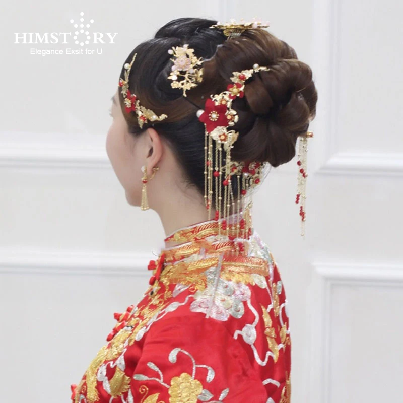 

Traditional Chinese Bride Headdress Costume Hairclips Red Flower Hairpin Wedding Hairwear photography Hair Stick Accessory