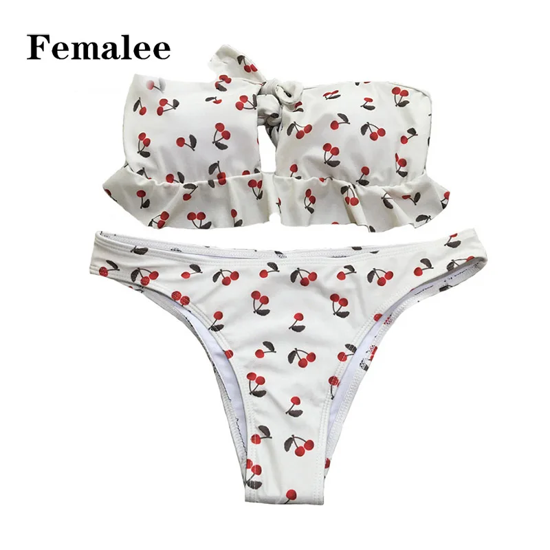 Femalee Cherry Print Swimwear Ruffle Flounce Halter Bikini Bust Hollow 